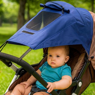 bebe dans poussette avec pare soleil pour poussette