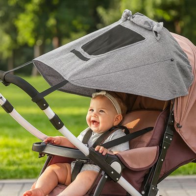 bebe sourit dans pare soleil pour poussette