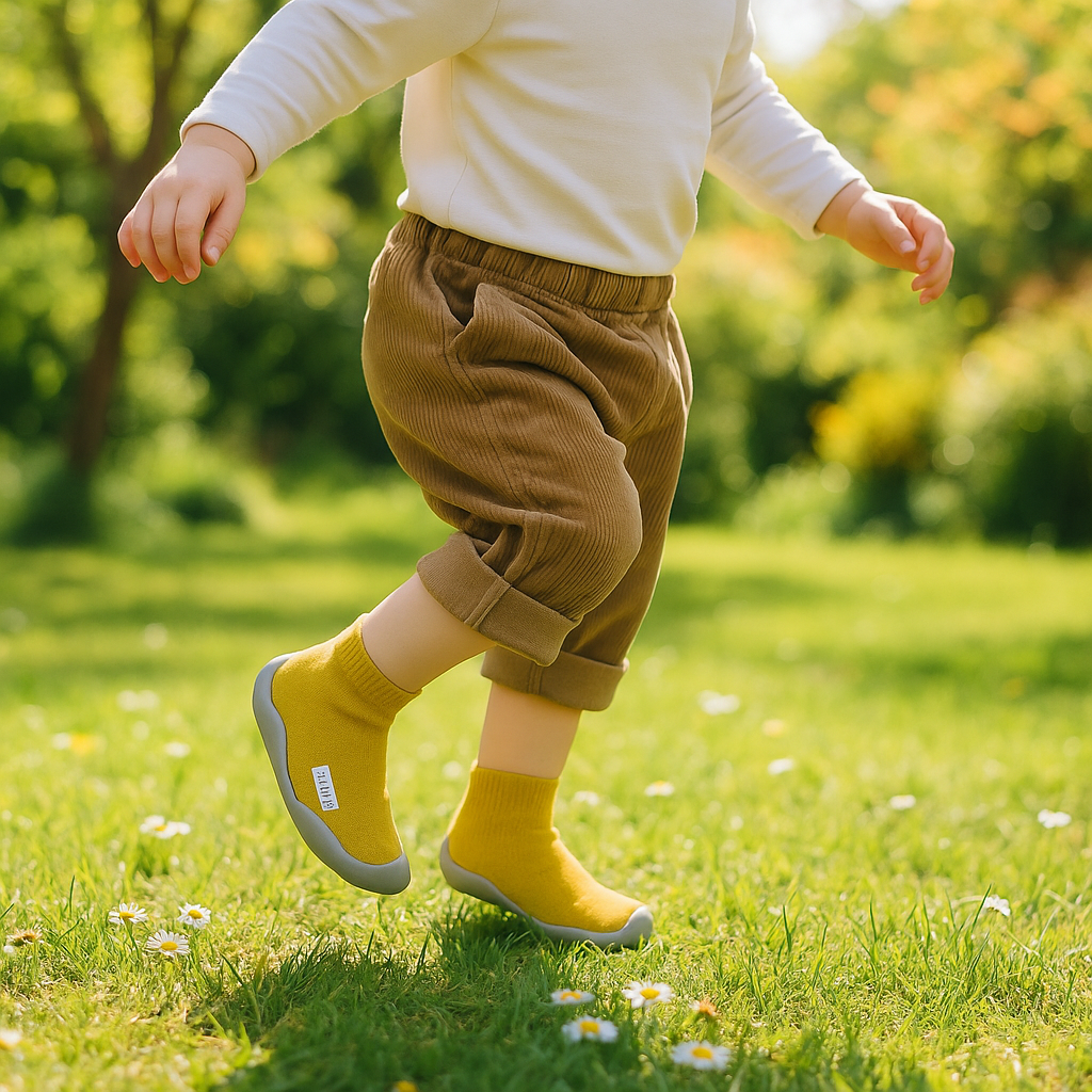 enfant cours parc avec chaussure marche bebe au pied