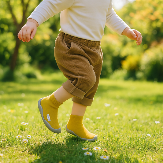 enfant cours parc avec chaussure marche bebe au pied