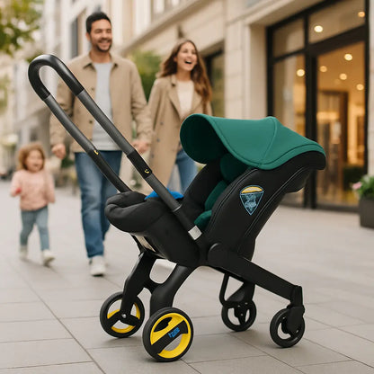 famille au centre ville avec poussette pour les bébés