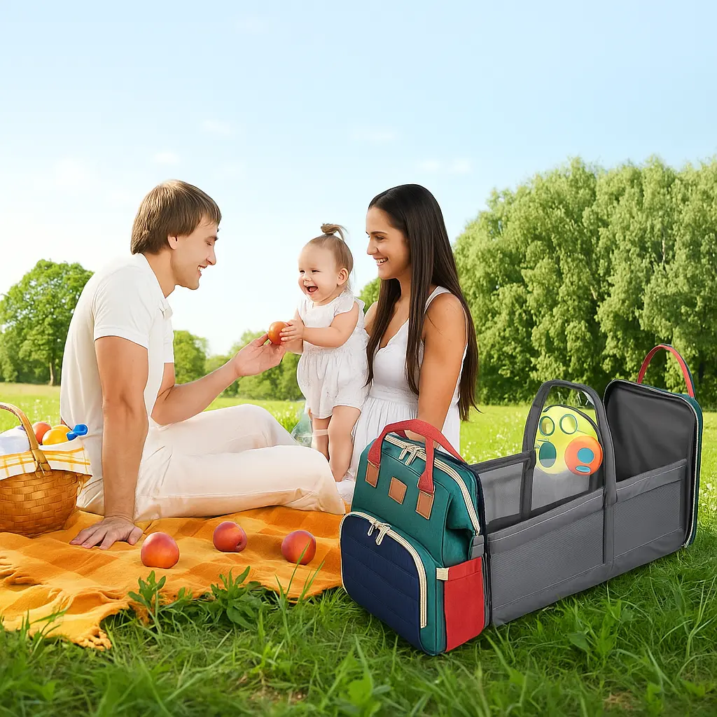 famille au parc avec lit sac a langer