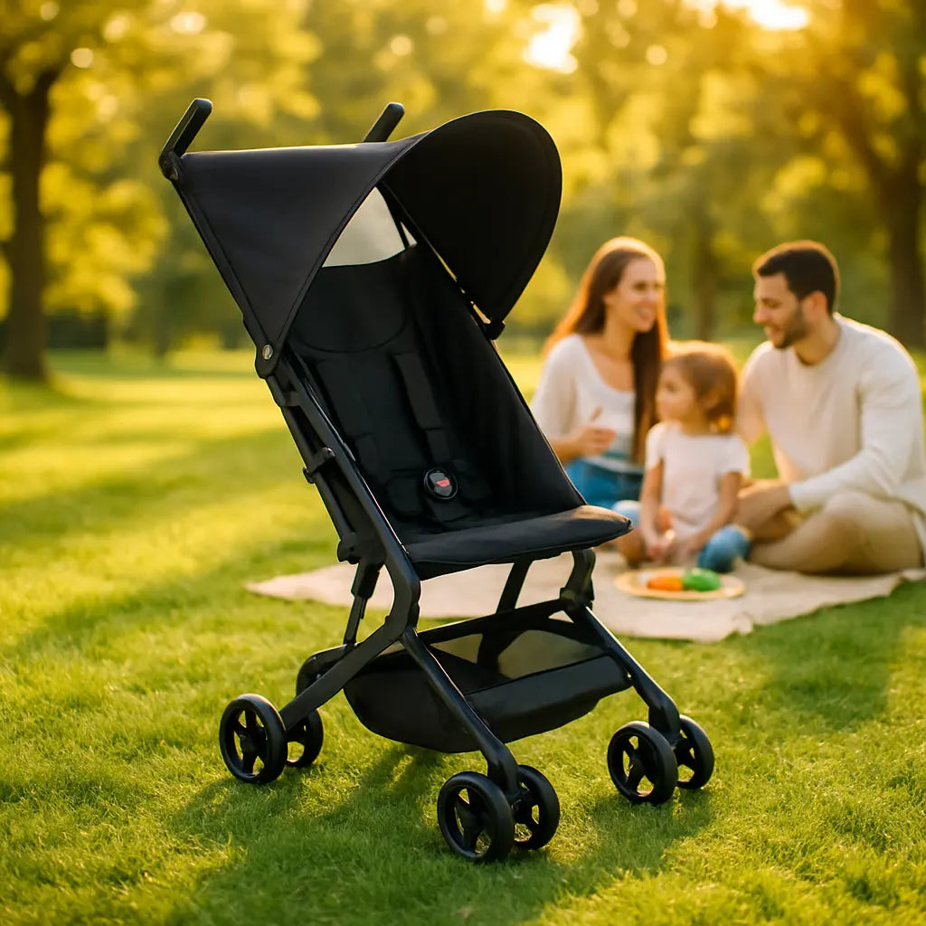 famille au parc avec poussette legere compacte
