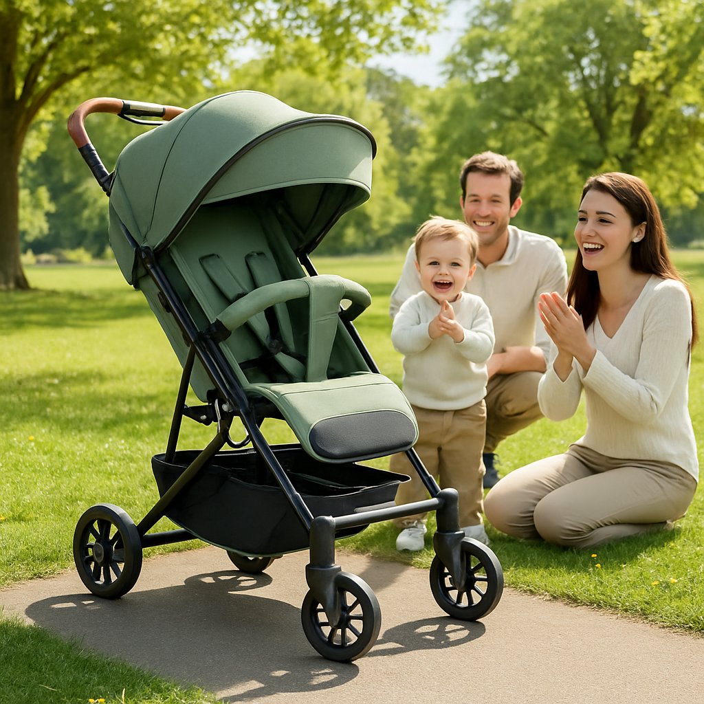 famille au parc avec poussette pliable avion