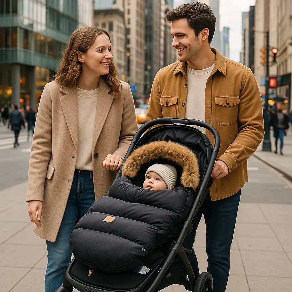 famille avec chanceliere bebe poussette en ville