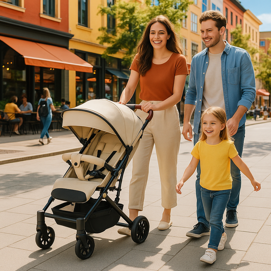 famille avec poussette pliable compacte