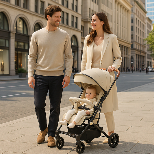 famille en ville avec bebe dans bebe confort poussette