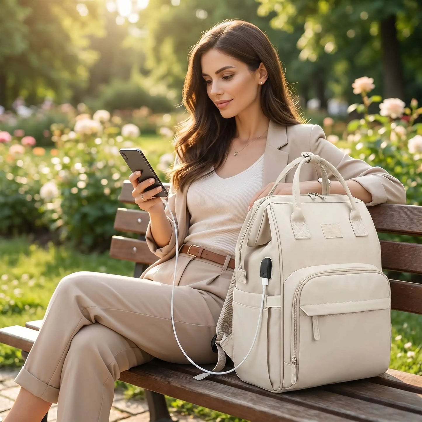 femme parc avec sac a langer