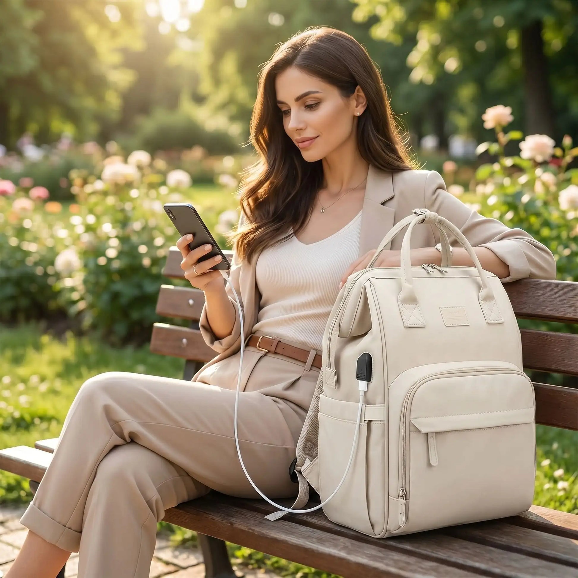 femme parc avec sac a langer