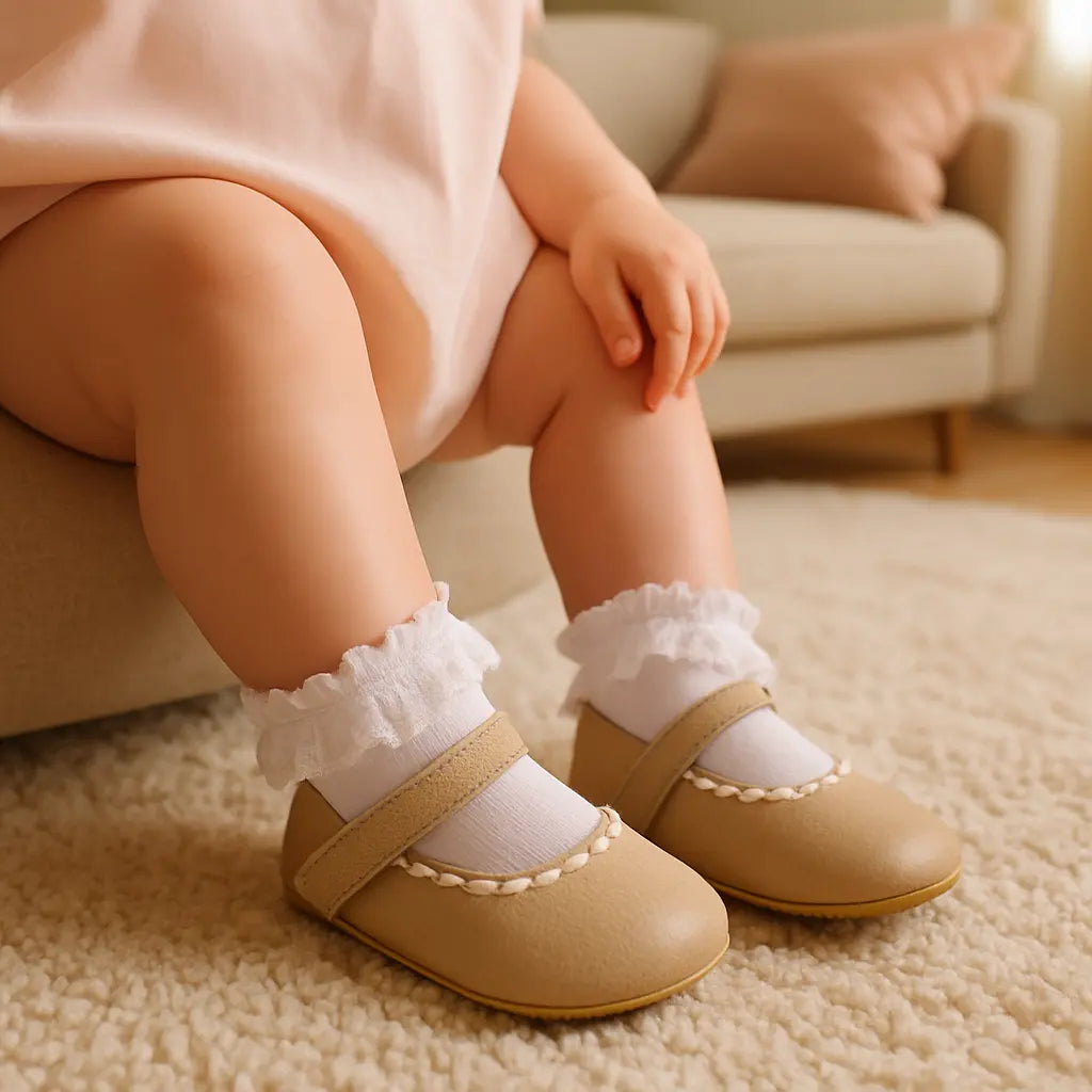 fille porte chaussure souple bebe dans la chambre