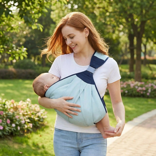 maman au parc avec bebe dans porte bebe banane