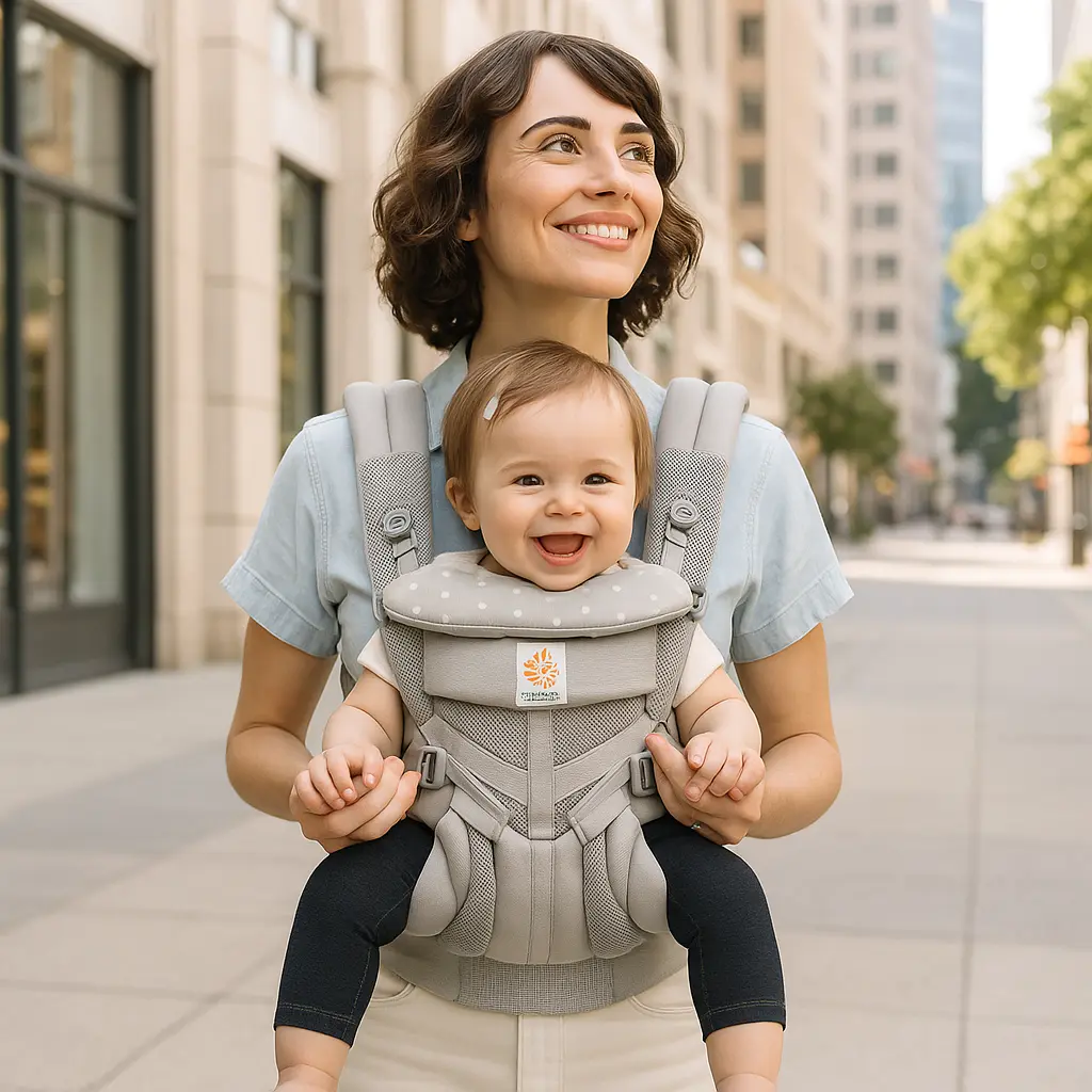 maman au parc avec bebe dans porte bebe