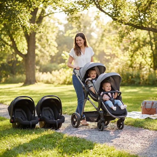 maman au parc avec bébés poussette des jumeaux avec cosy