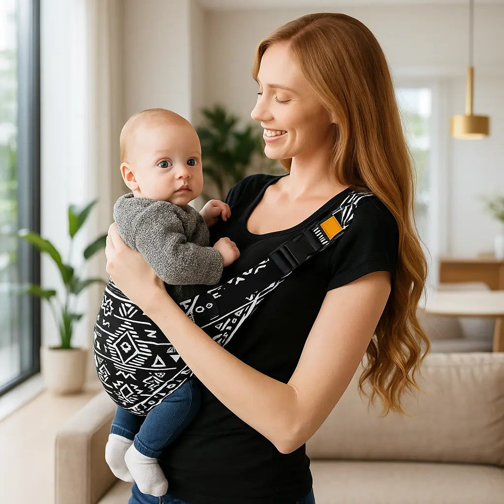 maman au salon avec bebe dans sling echarpe de portage