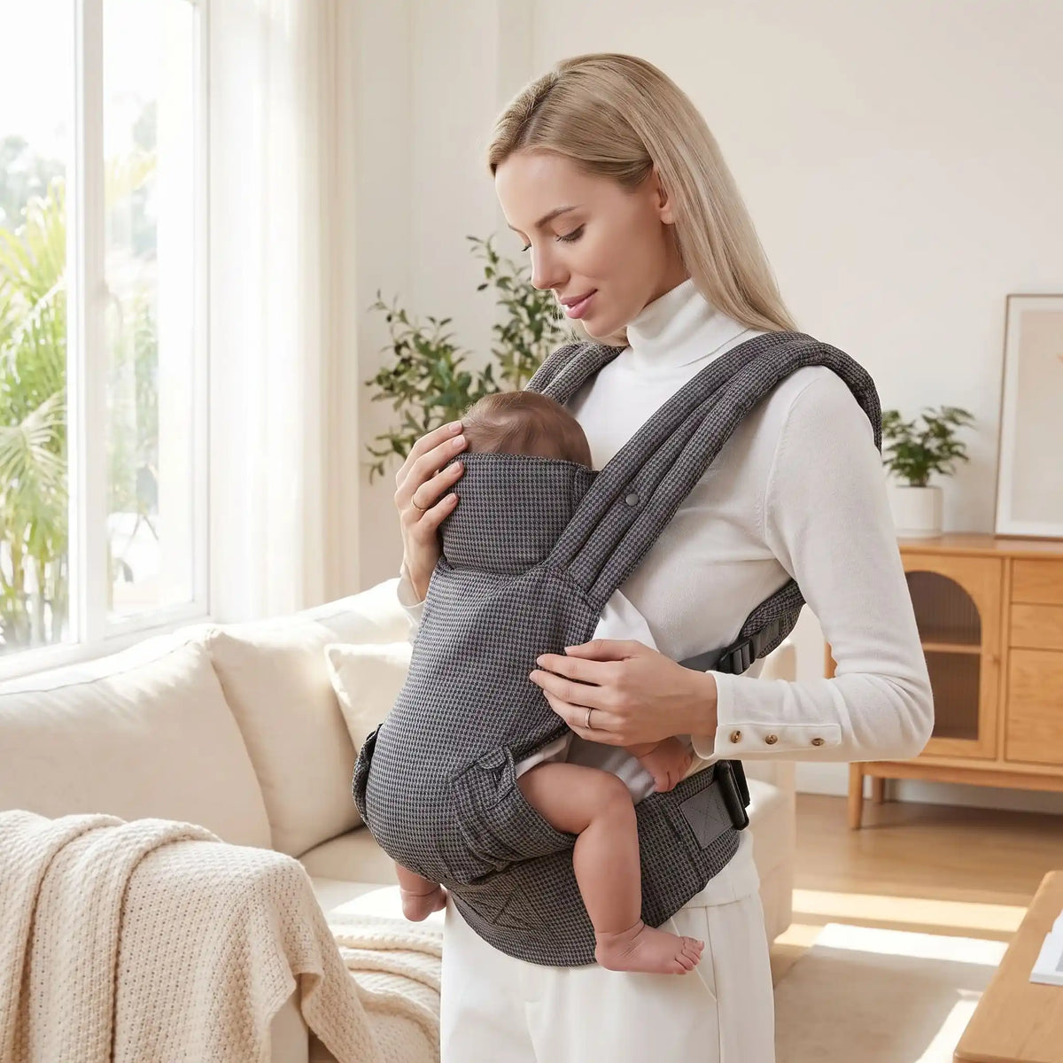 maman au salon avec bebe porte bebe naissance