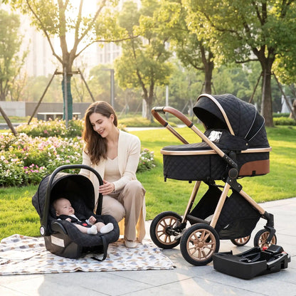 maman avec bebe dans poussette 4 en 1 isofix noir