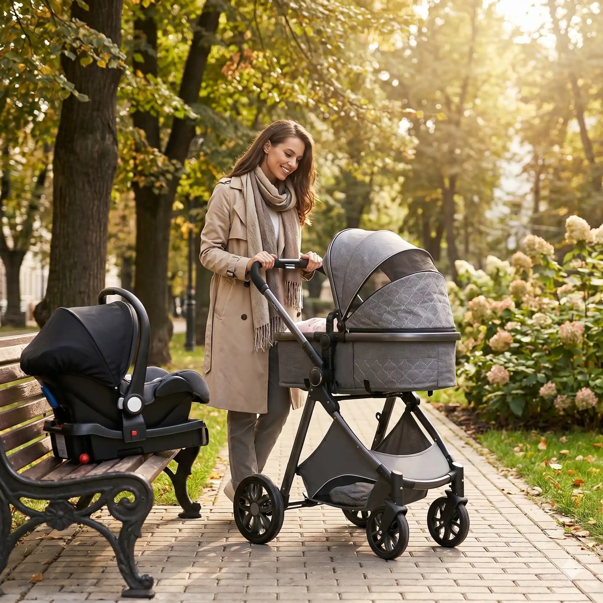maman avec bebe poussette 4 en 1 isofix