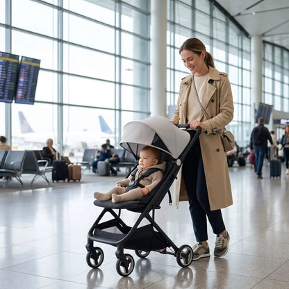maman avec bebe dans poussette de voyage
