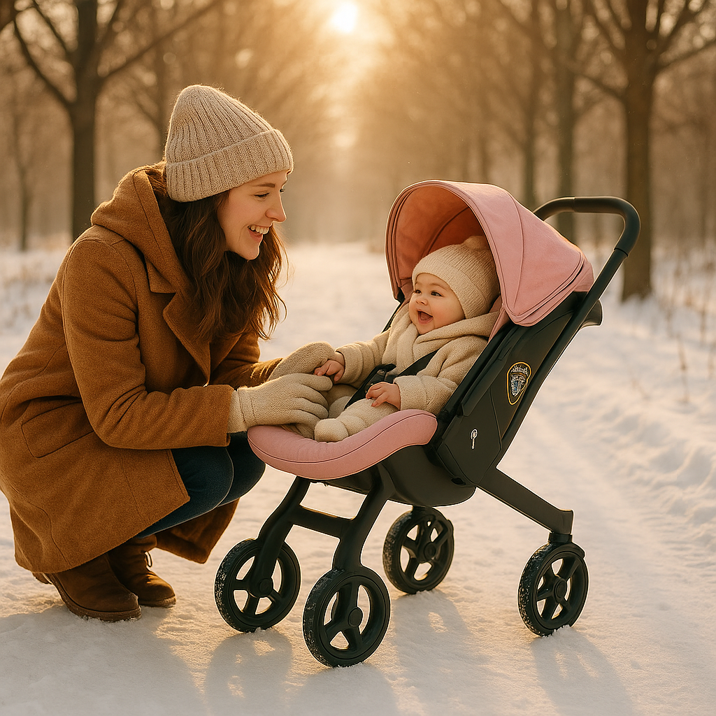 maman avec bebe dans poussette hiver
