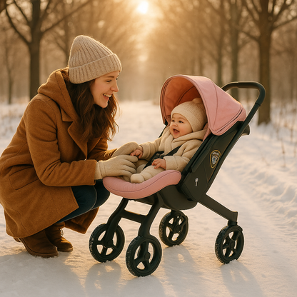 maman avec bebe dans poussette hiver
