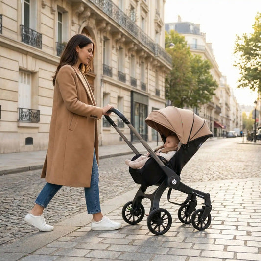 maman avec bebe dans poussette pour nouveau ne