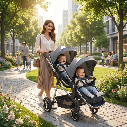 maman avec bebe parc dans poussette jumeaux confort