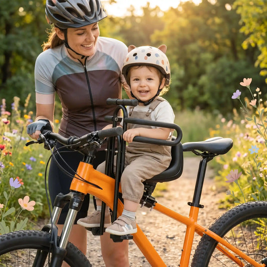 maman avec bebe porte bebe velo devant