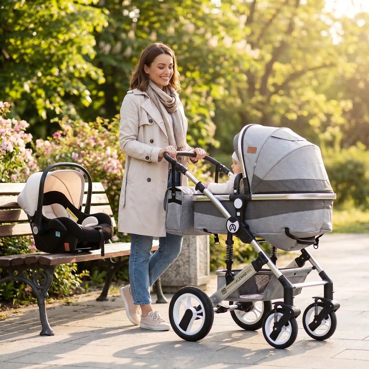 maman avec bebe poussette 3 en 1 bebe confort