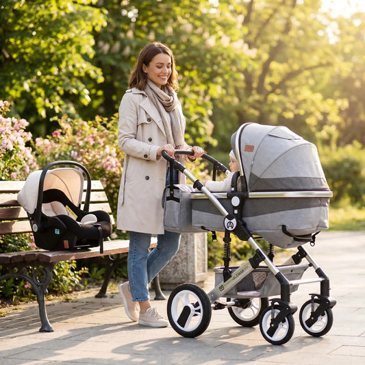 maman avec bebe poussette 3 en 1 bebe confort