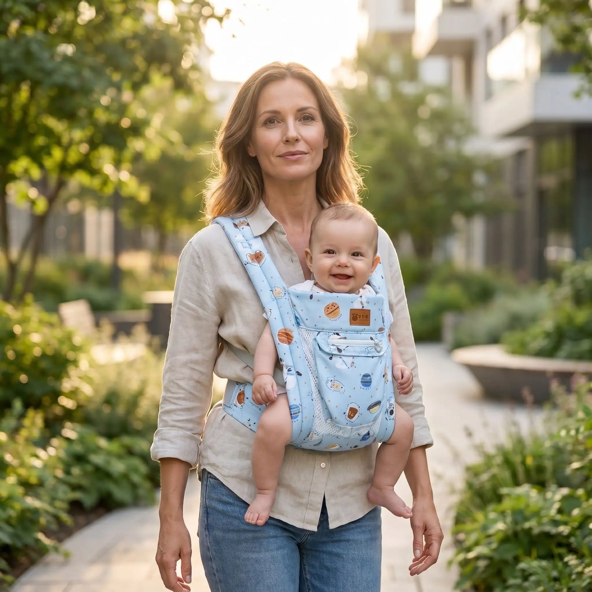 maman avec bebe ville porte bebe mei tai