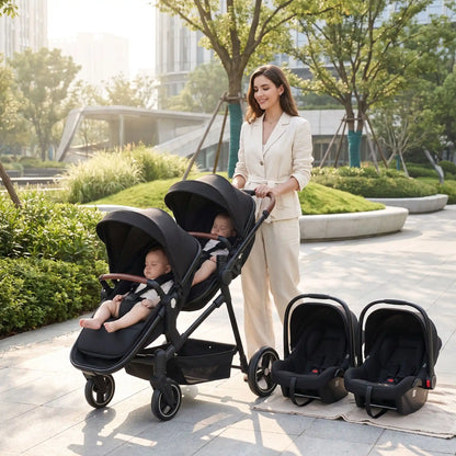 maman avec bebes poussette des jumeaux avec cosy