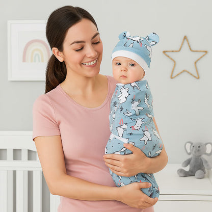 maman bebe dans couverture emmaillotage bleu