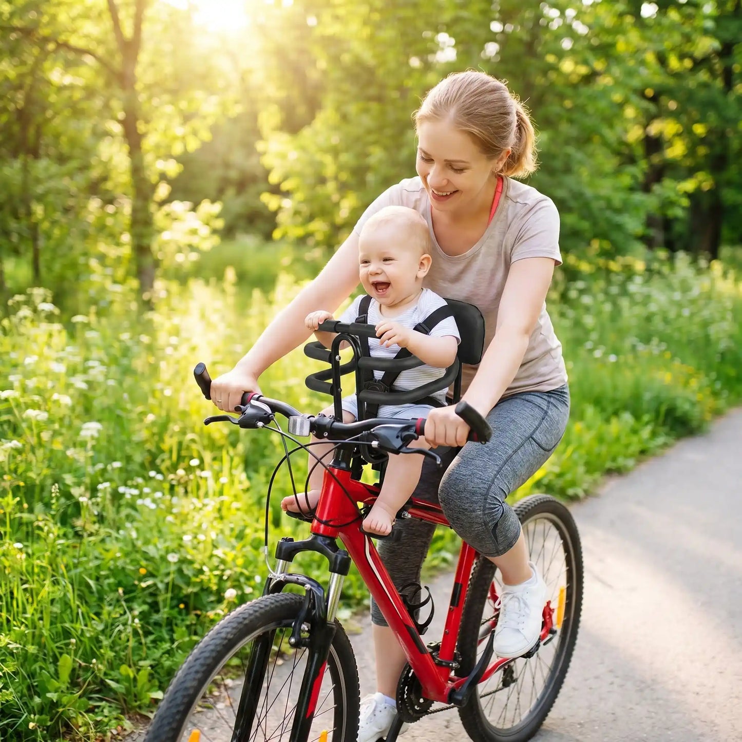 maman bebe dans porte velo bebe avant