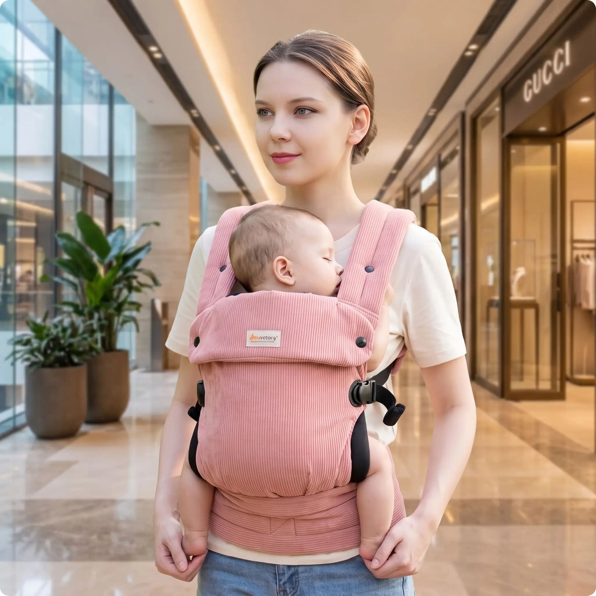maman centre commercial avec bebe dans porte bebe 2 ans