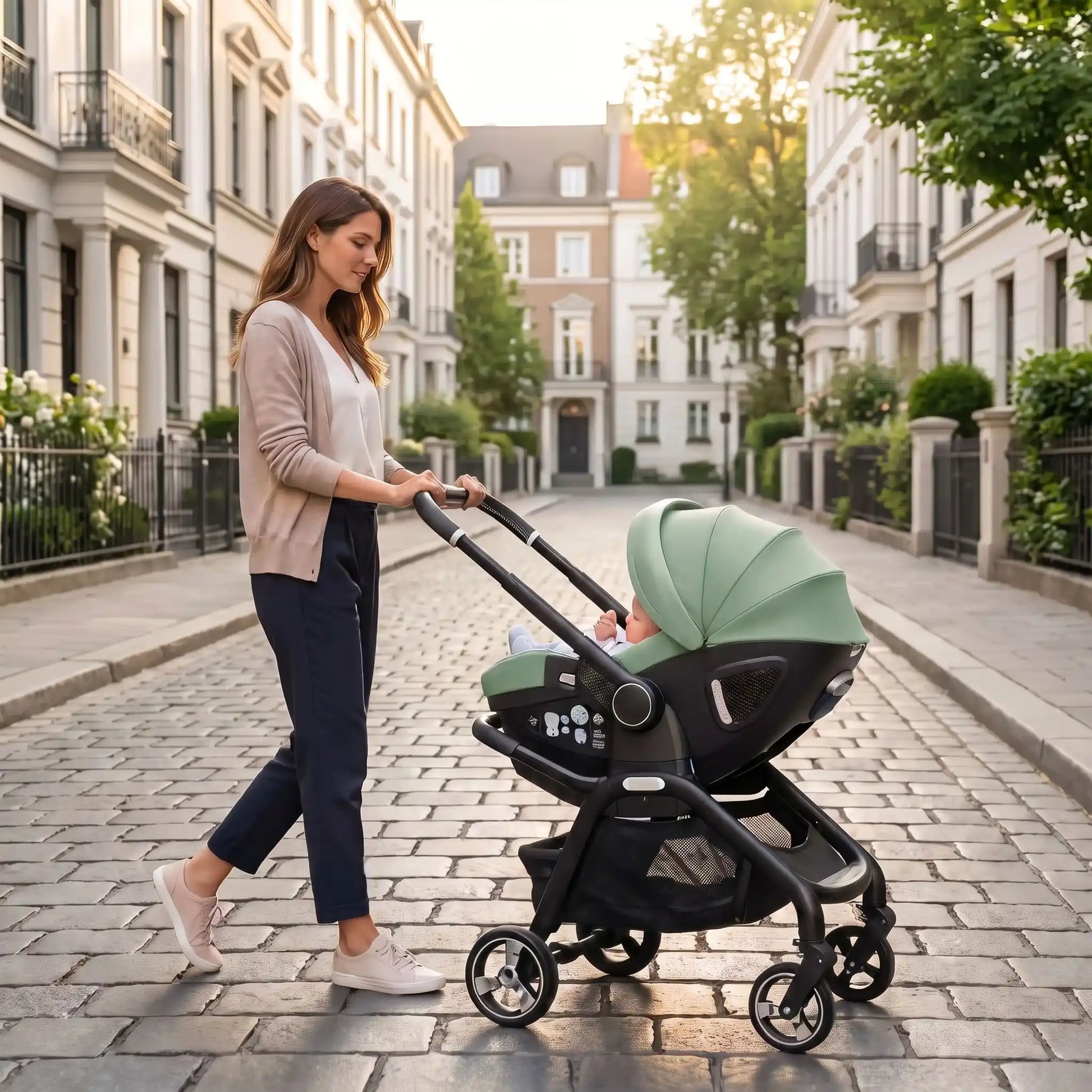 maman centre ville avec bebe poussette 4 en 1