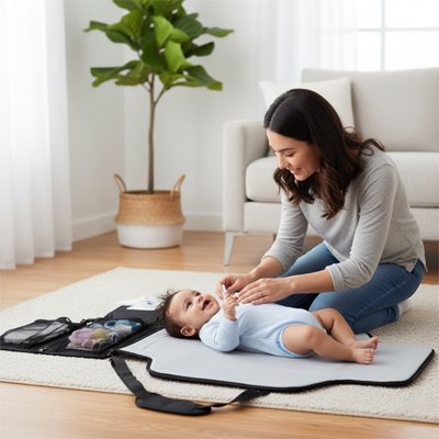 maman couche bebe sur tapis a langer nomade