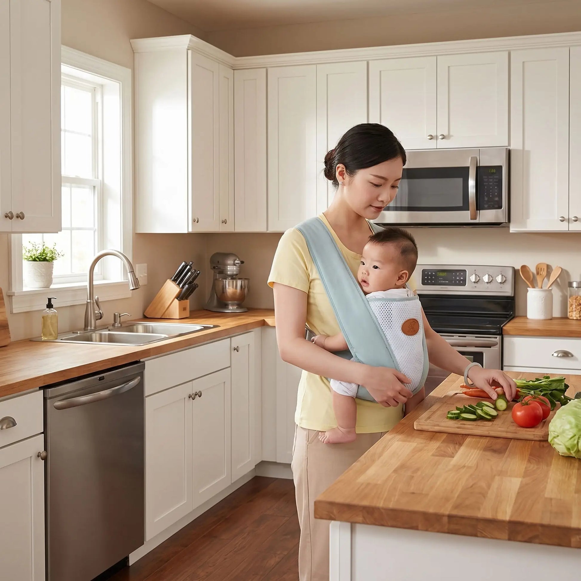 maman cuisine mains libre avec bebe porte bebe