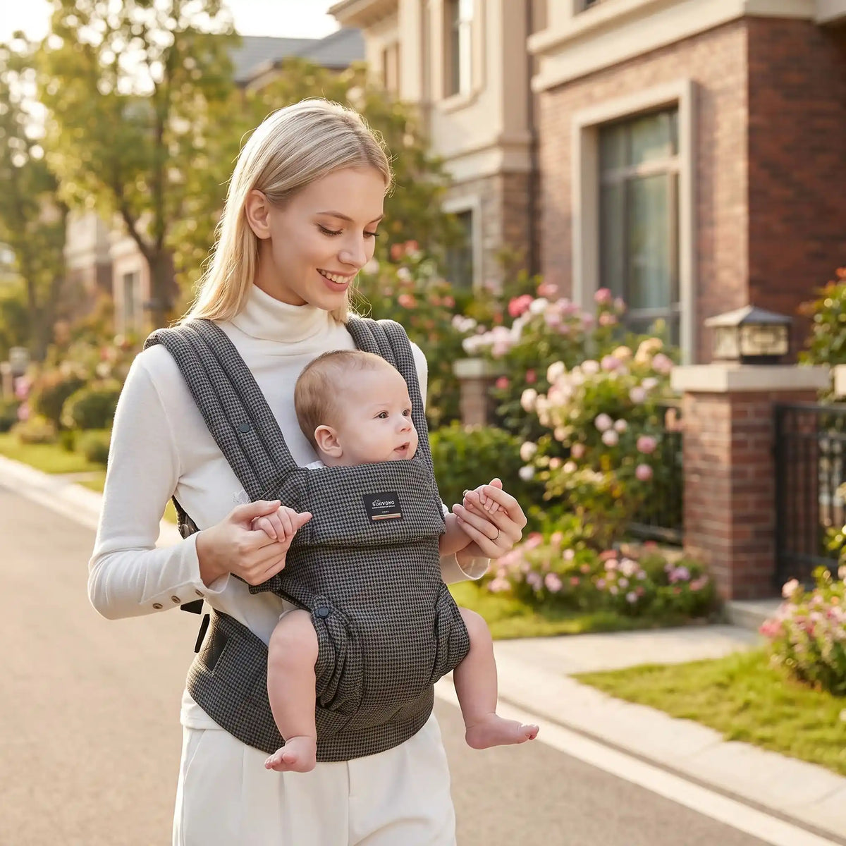 maman dans quartier avec bebe porte bebe naissance