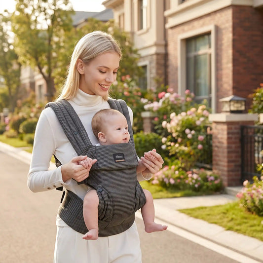 maman dans quartier avec bebe porte bebe naissance
