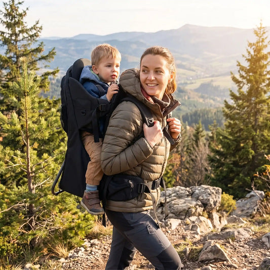 maman dehors avec bebe porte bebe randonnee noir
