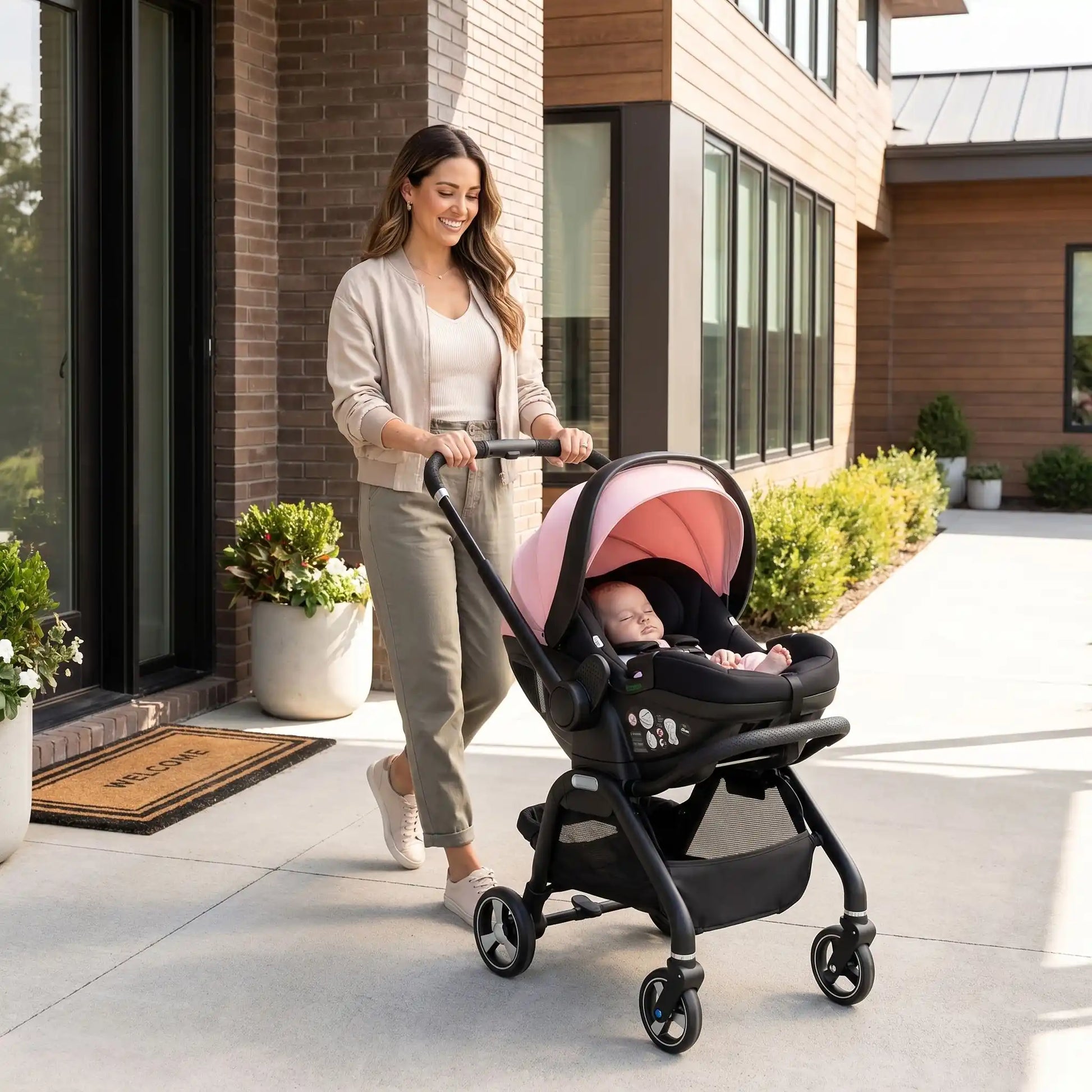 maman devant maison avec bebe poussette 4 en 1 isofix