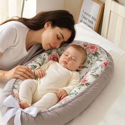 maman dort avec bebe dans reducteur de lit bebe