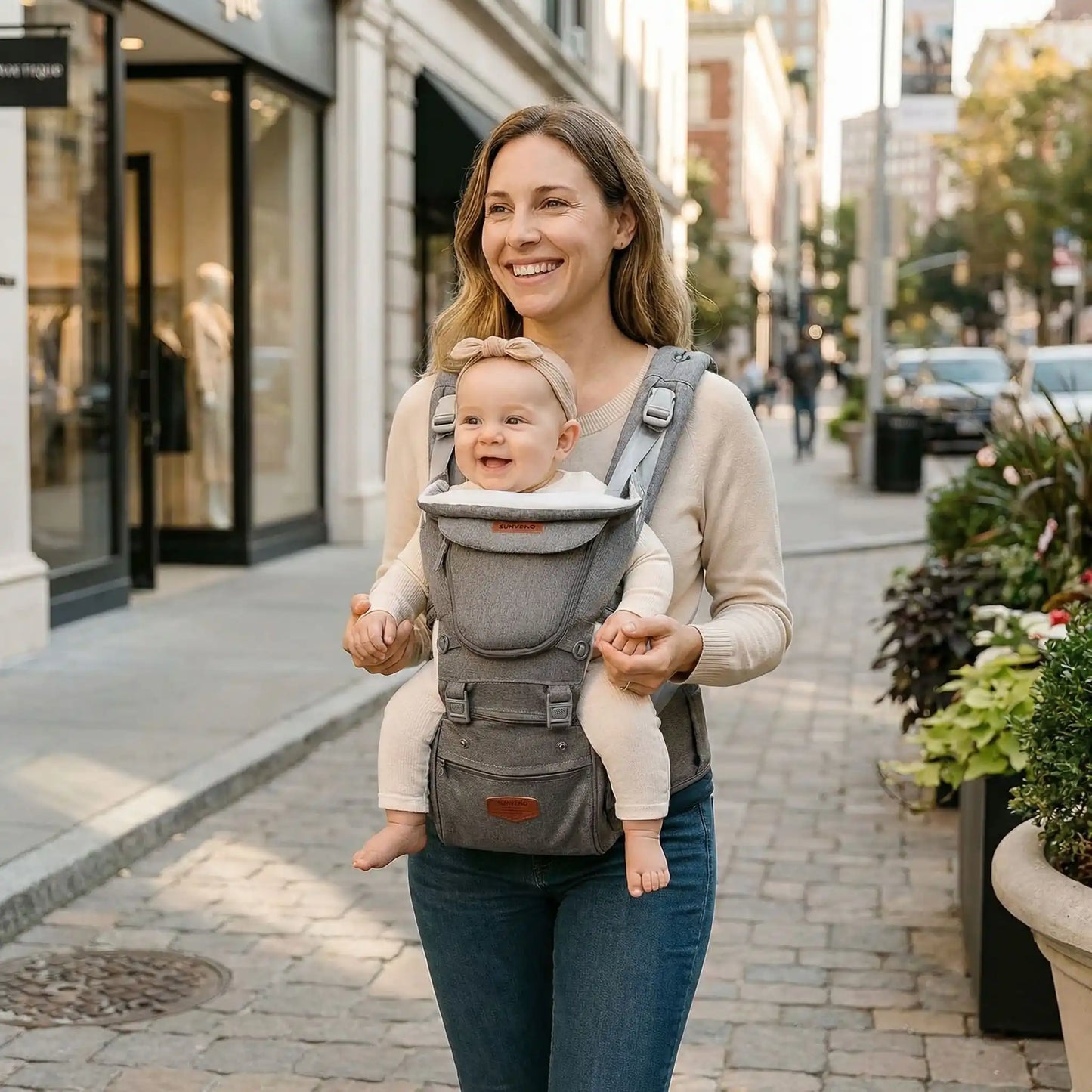 maman en ville avec bebe dans porte bebe en tissus