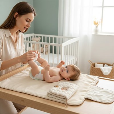 maman et bebe dans chambre sur tapis a langer