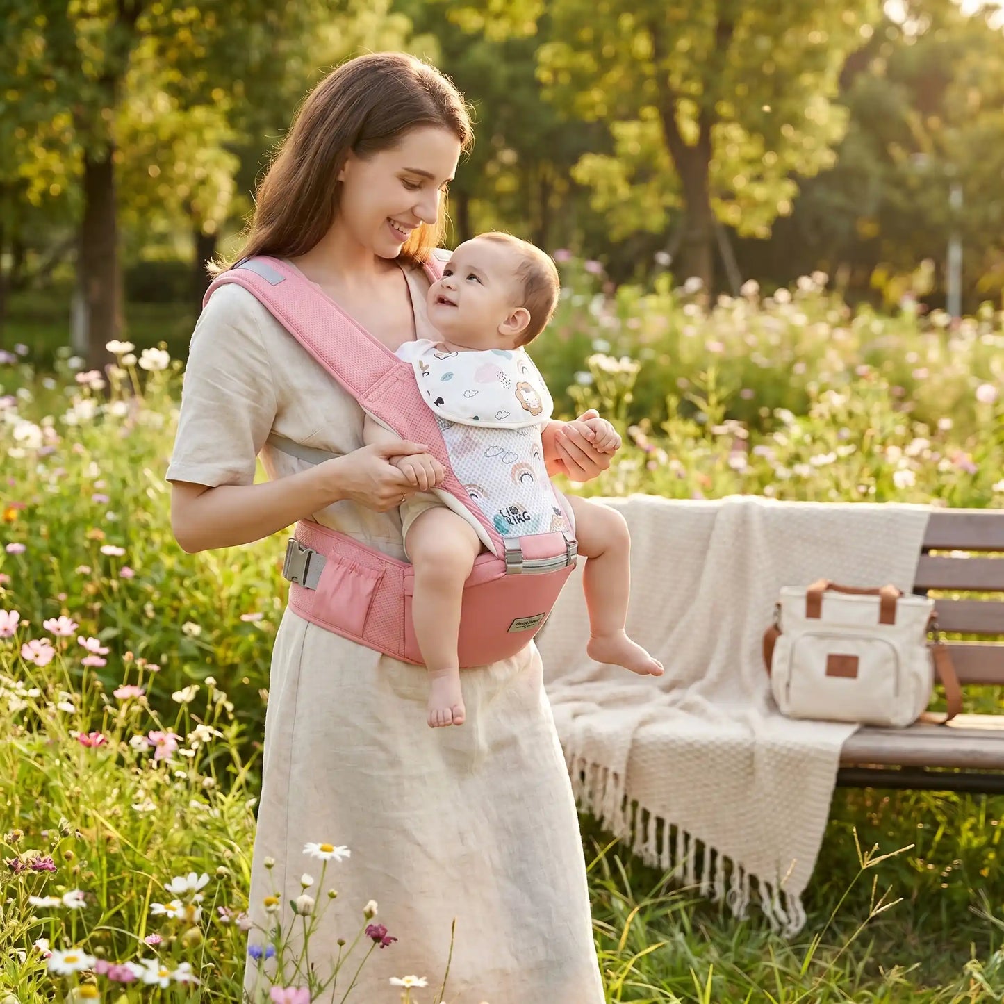 maman fille parc avec bebe porte bebe physio