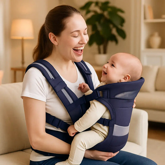 maman joyeuse au salon avec bebe dans porte bebe
