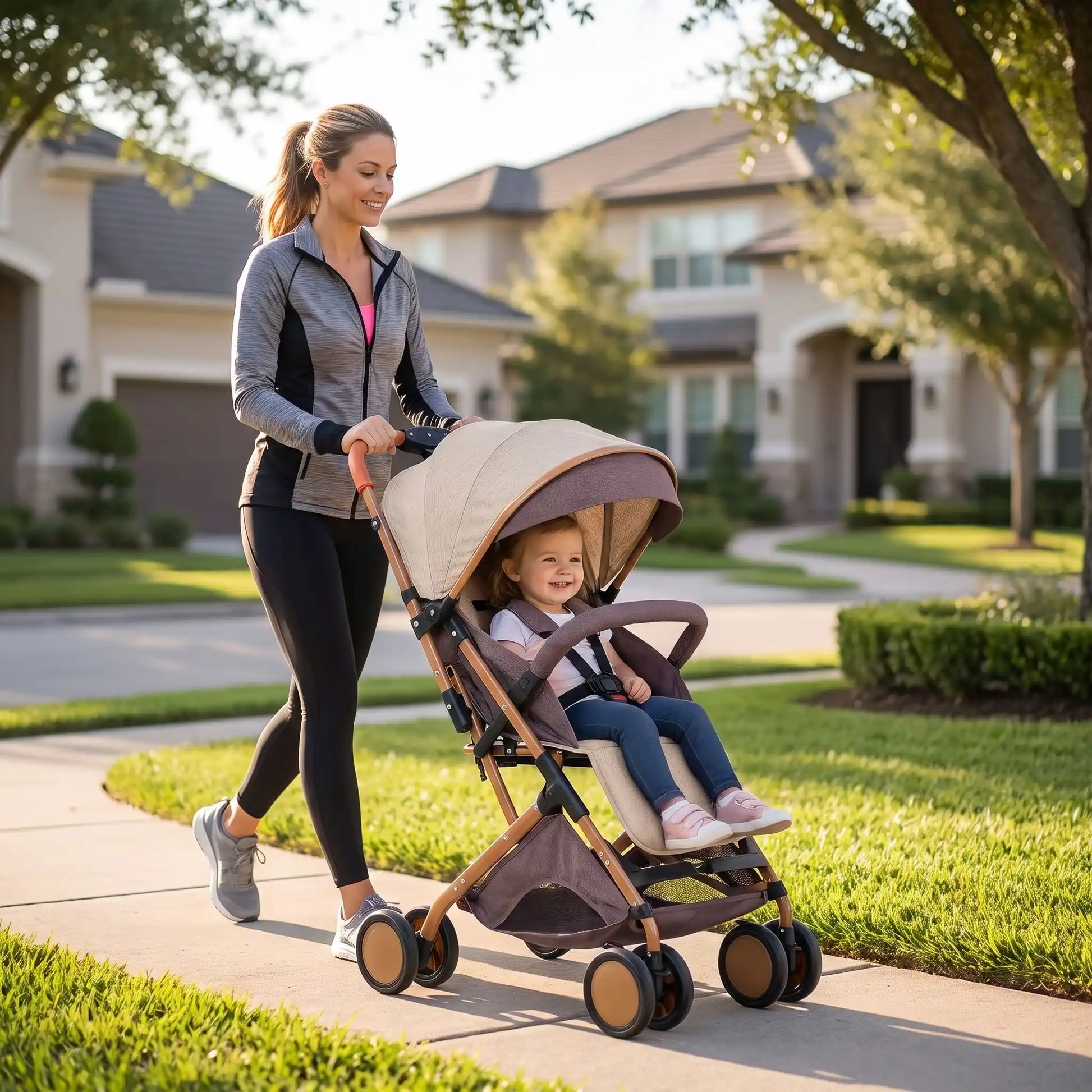maman marche avec bebe poussette compacte legere