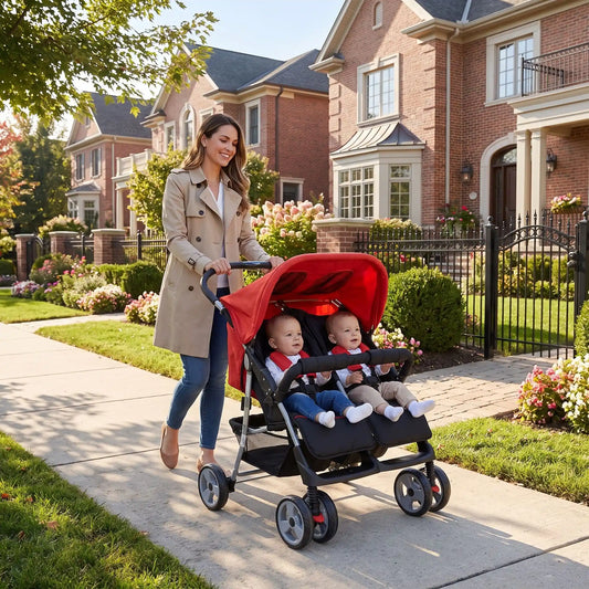 maman marche avec bebes poussette double pour jumeaux