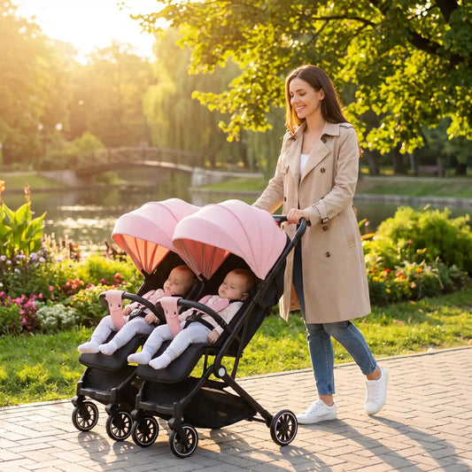 maman marche avec jumelles poussette jumeaux