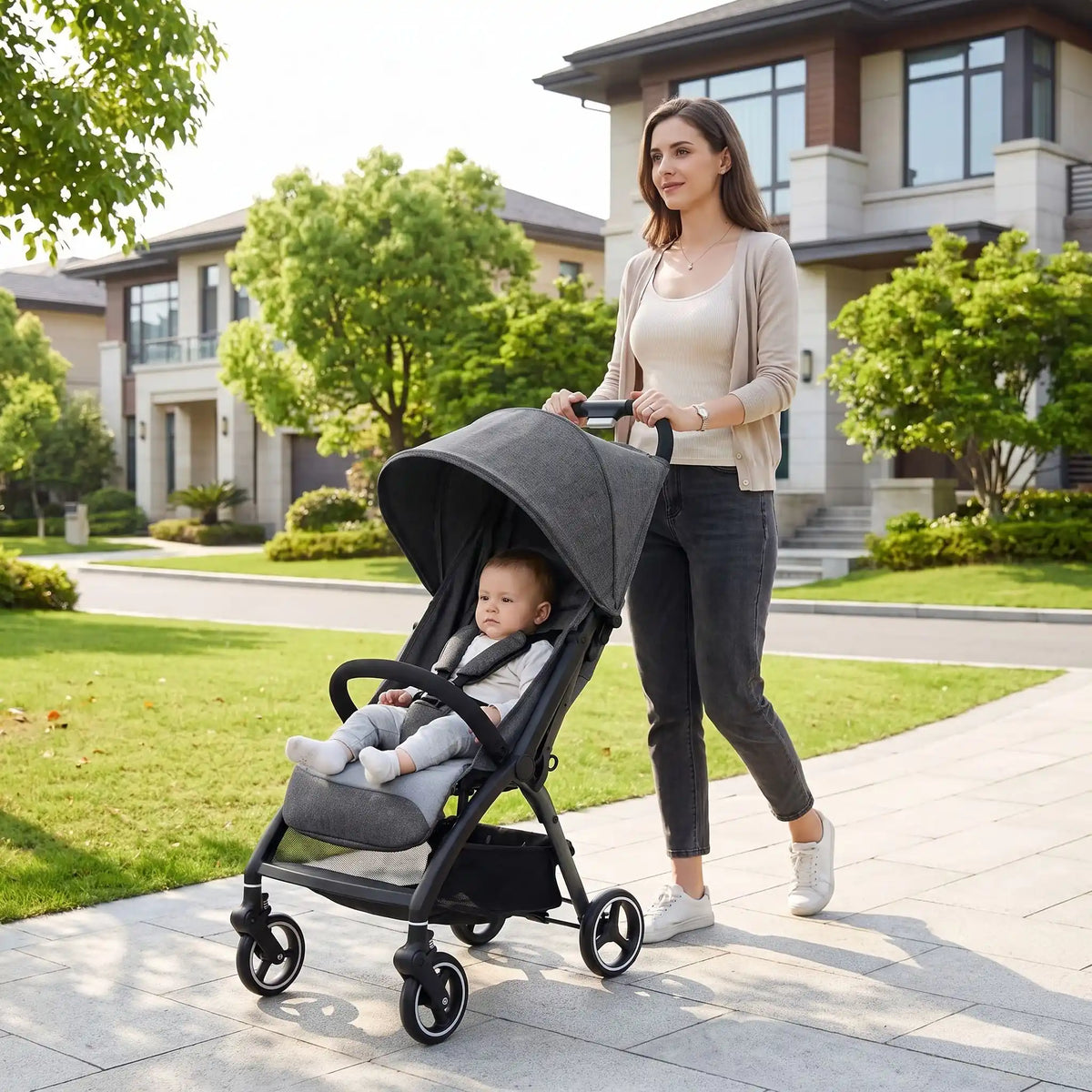 maman marche quartier avec bebe poussette nouveau ne compacte